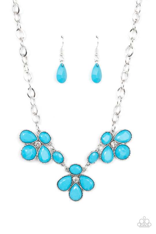 SELFIE-Worth - Blue and Silver Necklace - Paparazzi Jewelry - Bejeweled Accessories By Kristie - Encased in textured silver fittings, oversized oval and teardrop blue beads delicately gather around glassy white rhinestone centers for a colorful floral look below the collar. Features an adjustable clasp closure. Sold as one individual necklace.