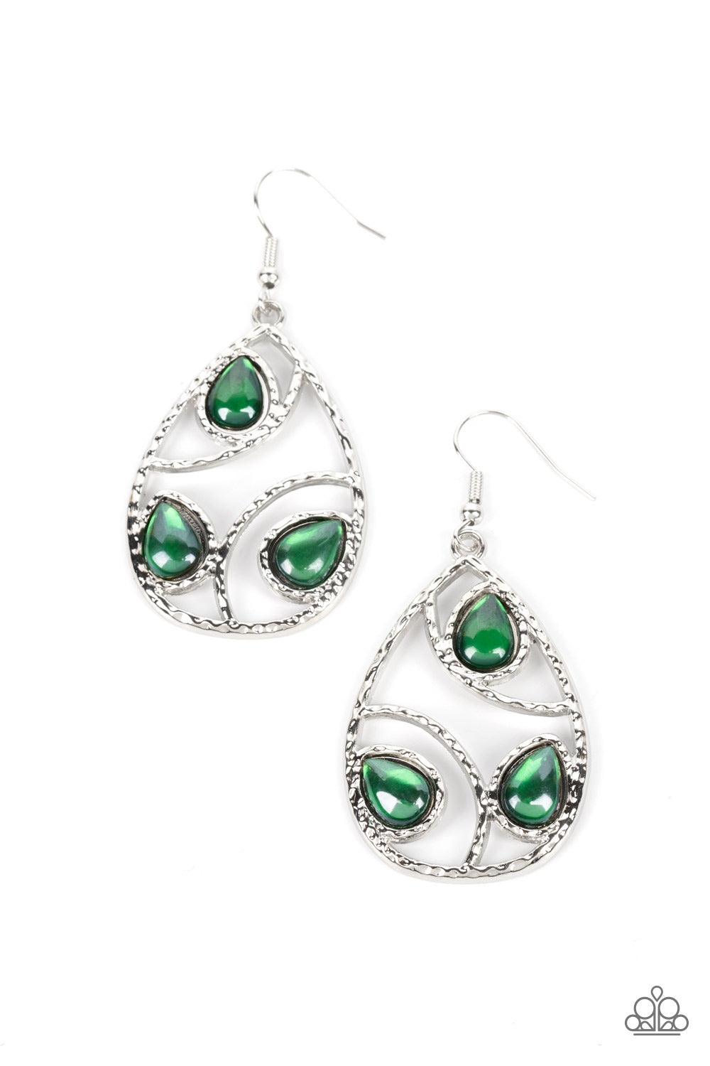 Send the BRIGHT Message - Green and Silver Earrings - Paparazzi Accessories - A glassy finish, glimmering light siam teardrop beads adorn the center of an airy silver teardrop frame. Hammered in shimmer, arcing silver bars curve inside the frame for an abstract finish earrings.