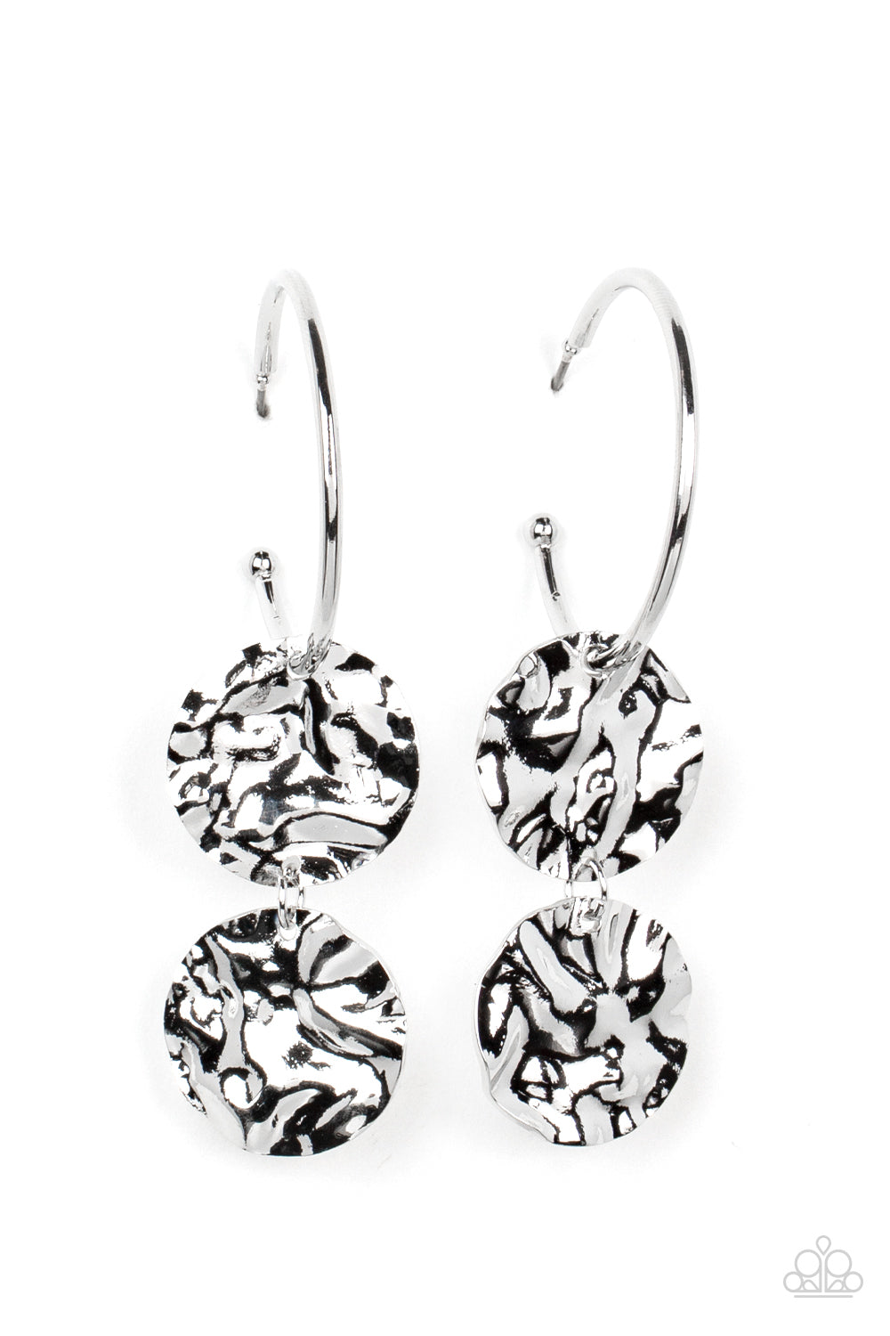 Sending Shock Waves - Silver Hoop Earrings - Paparazzi Accessories - A linked pair of hammered silver discs glides along a classic silver hoop, adding an edgy twist to the timeless look. Earring attaches to a standard post fitting. Hoop measures approximately 1 1/4" in diameter.