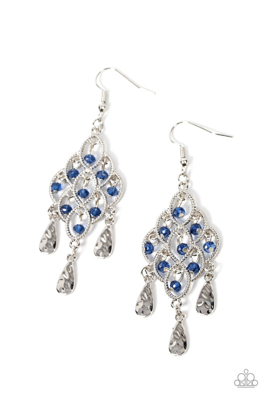 Sentimental Shimmer - Blue and Silver Earrings - Paparazzi Accessories - Hammered silver teardrops swing from the bottom of a frame composed of silvery ropelike filigree that gently loops into an airy diamond shape. Tiers of dainty blue crystal-like beads cascade from the frilly frame, adding shimmery glints of color.