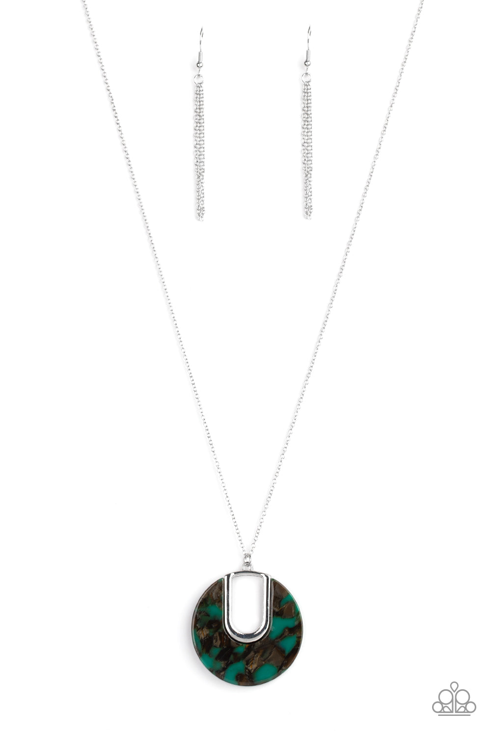 Setting The Fashion - Marble Green Acrylic Necklace - Paparazzi Accessories - Flecked in shimmer, a faux marble green acrylic piece is pressed into a shimmery silver frame, creating a retro pendant at the bottom of a lengthened silver chain. Features an adjustable clasp closure. Sold as one individual necklace.