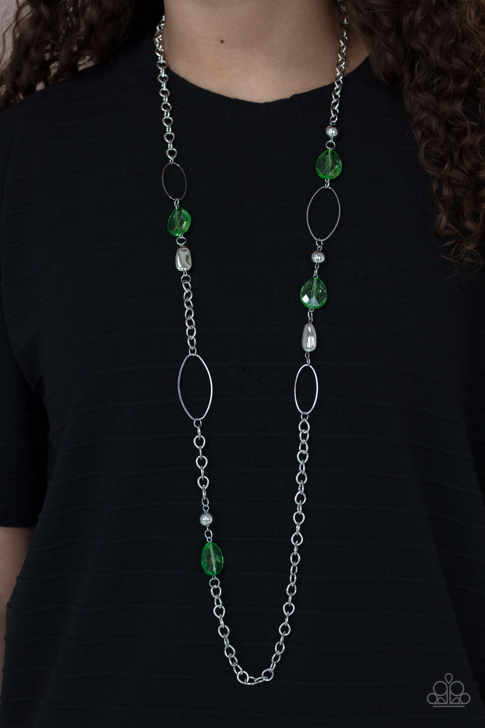 SHEER As Fate - Green and Silver Necklace - Paparazzi Accessories - Faceted Apple Green teardrop beads, dainty oval hoops, and silver accent beads descend along a silver chain in a whimsical pattern.