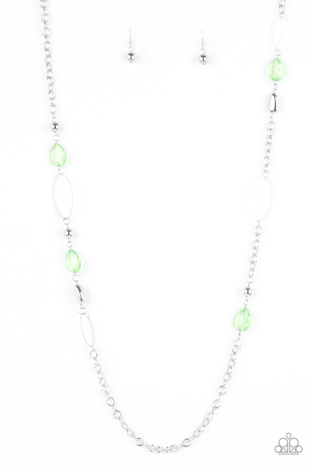 SHEER As Fate - Green and Silver Necklace - Paparazzi Accessories - Faceted Apple Green teardrop beads, dainty oval hoops, and silver accent beads descend along a silver chain in a whimsical pattern.