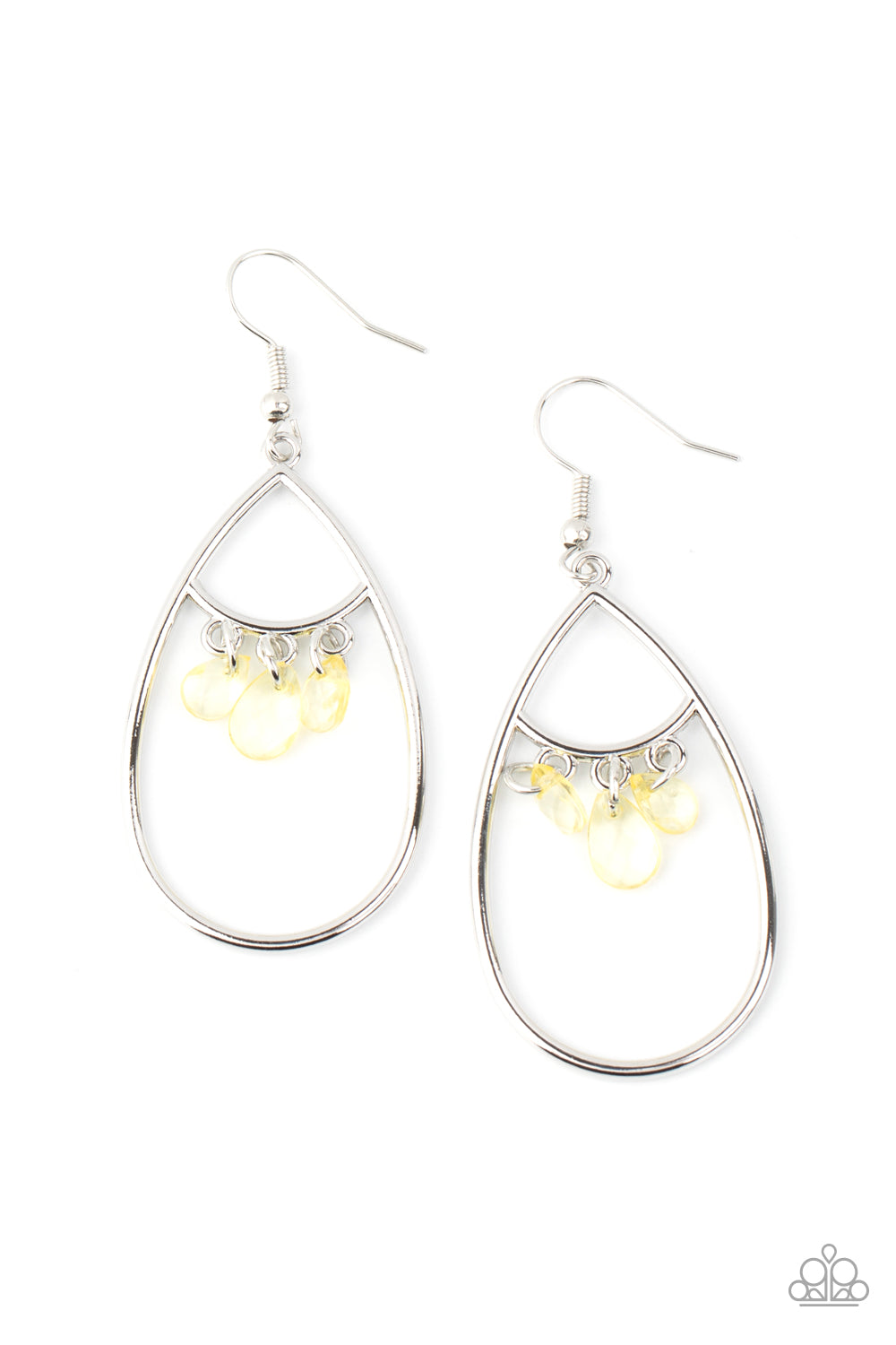 Shimmer Advisory - Yellow and Silver Fashion Earrings - Paparazzi Jewelry - Bejeweled Accessories By Kristie - Faceted yellow teardrops swing from the top of a shimmery silver teardrop, creating a colorful fringe. Earring attaches to a standard fishhook fitting. Sold as one pair of earrings.