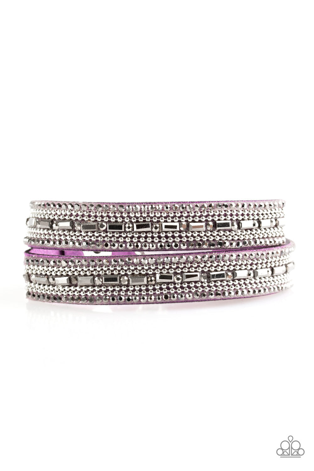 Shimmer and Sass - Purple Suede - Wrap and Snap Bracelet - Paparazzi Accessories - Featuring round and emerald style cuts, glassy hematite rhinestones are encrusted along a purple suede band. Rows of shimmery silver ball chain are pressed into the glittery band for a sassy finish. The elongated band allows for a trendy double wrap design. Features an adjustable snap closure. Sold as one individual bracelet.