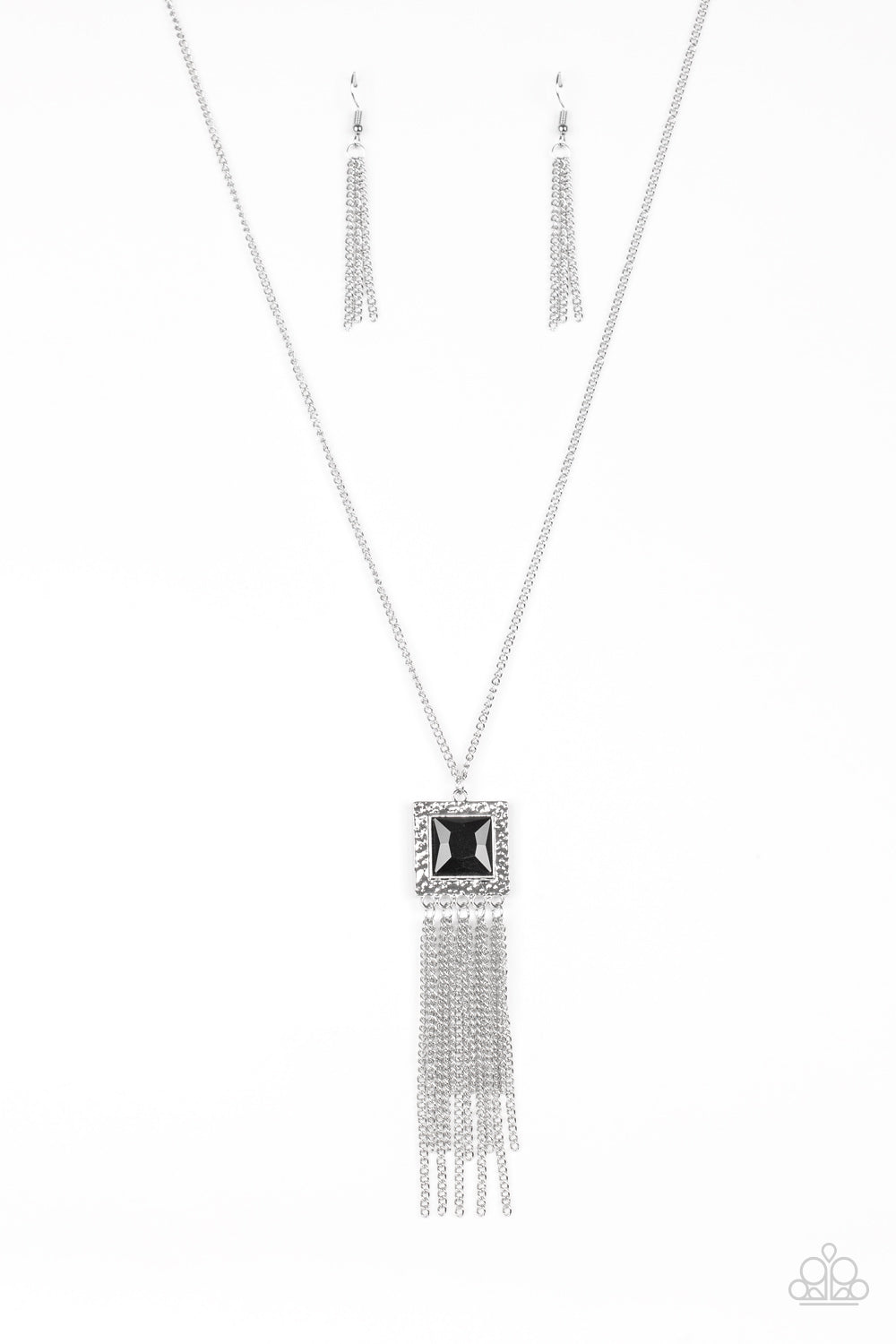Shimmer Sensei - Black and Silver Necklace - Paparazzi Accessories - Swinging from the bottom of a lengthened silver chain, a delicately hammered square frame gives way to a shimmery silver fringe. Featuring a regal square cut, a glittery black gem is pressed into the center of the pendant for an edgy look. Features an adjustable clasp closure. Sold as one individual necklace.