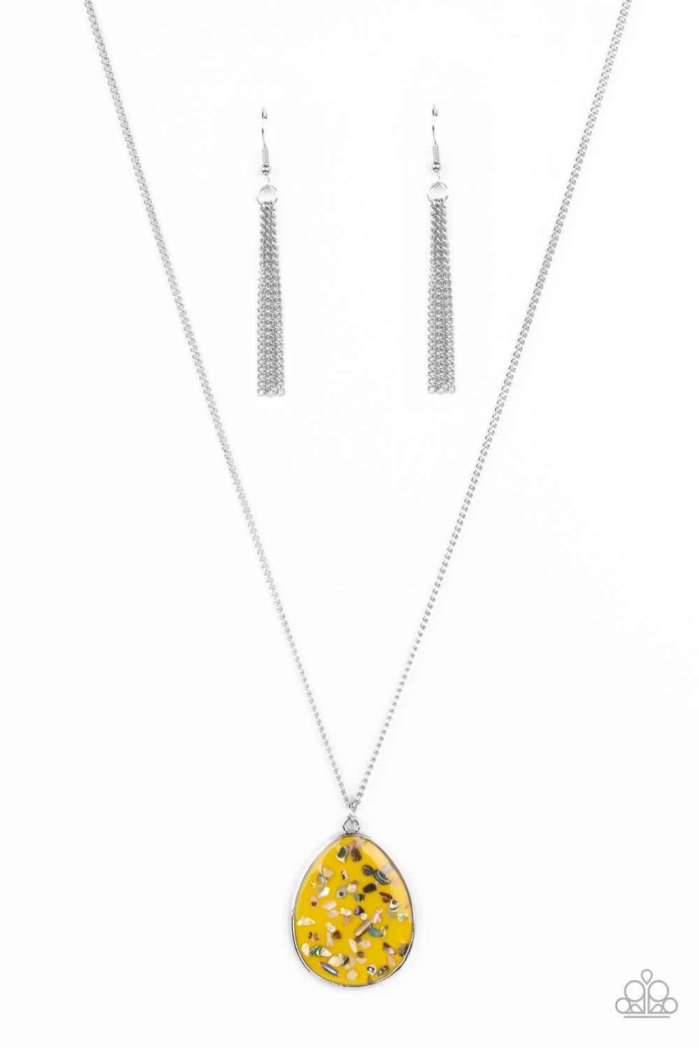 Shimmering Seafloors - Yellow and Silver Necklace - Paparazzi Accessories - Featuring a shell-like iridescence, shimmery flecks are sprinkled along a mustard yellow backdrop inside of a glassy casing. The colorful teardrop swings from the bottom of an extended silver chain, creating a summery pendant.