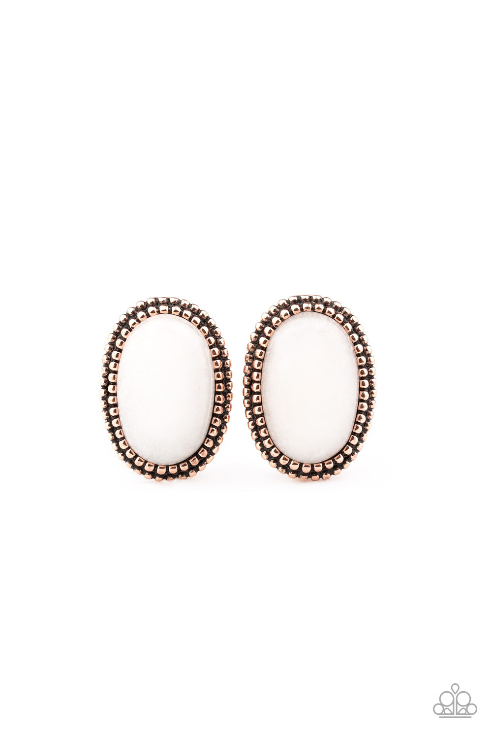 Shiny Sediment - Copper Fashion Post Earrings - Paparazzi Accessories - A studded copper frame spins around a glassy white stone, creating a whimsical frame. Earring attaches to a standard post fitting. Sold as one pair of post earrings.