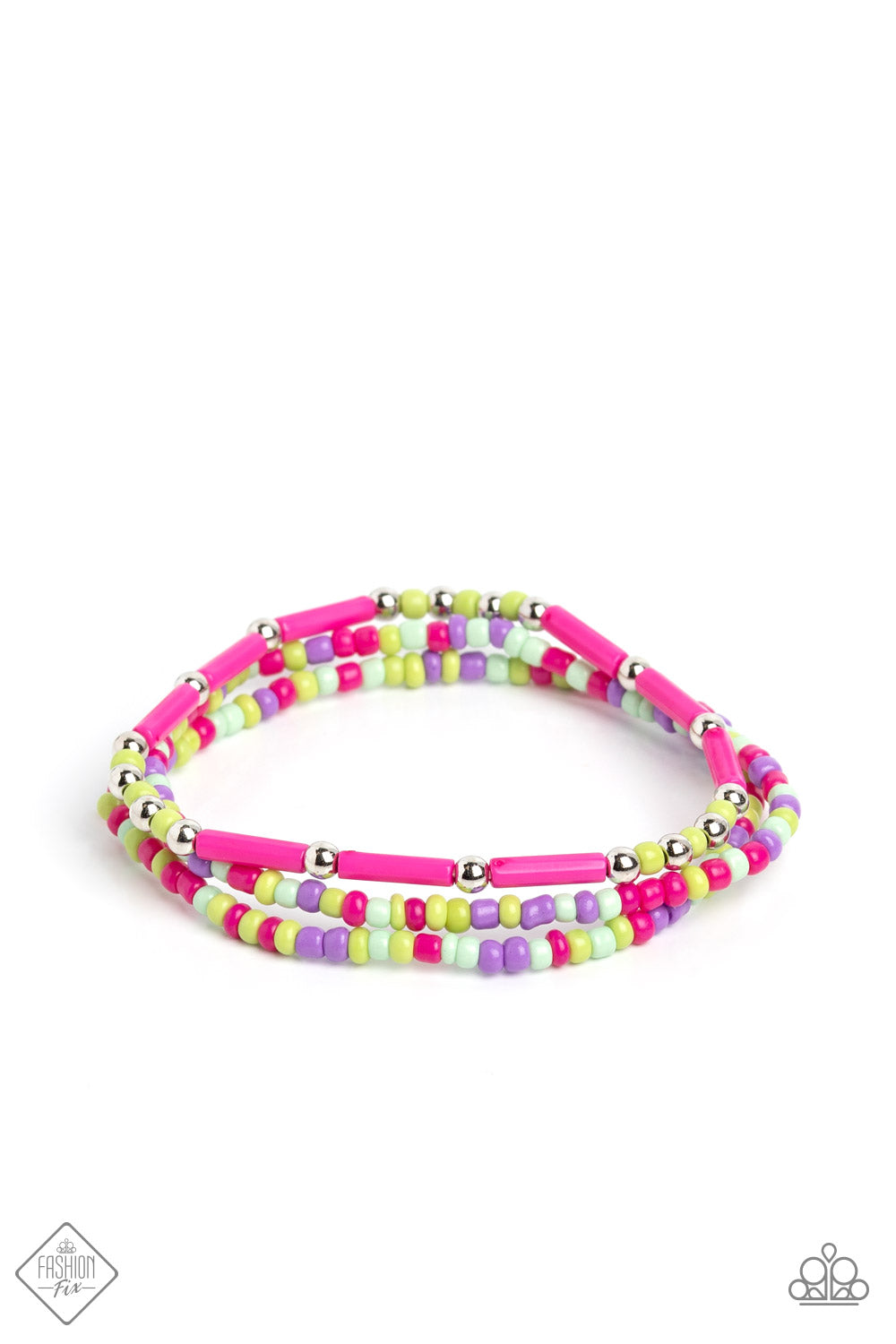 Shoreline Sketch - Multi Color Bracelet - Paparazzi Accessories - A bodacious collection of dainty green, pastel green, lavender, and Pink Peacock seed beads, silver accents, and Pink Peacock bars are threaded along stretchy bands, creating colorful layers that stack up the wrist. Sold as one set of three bracelets.