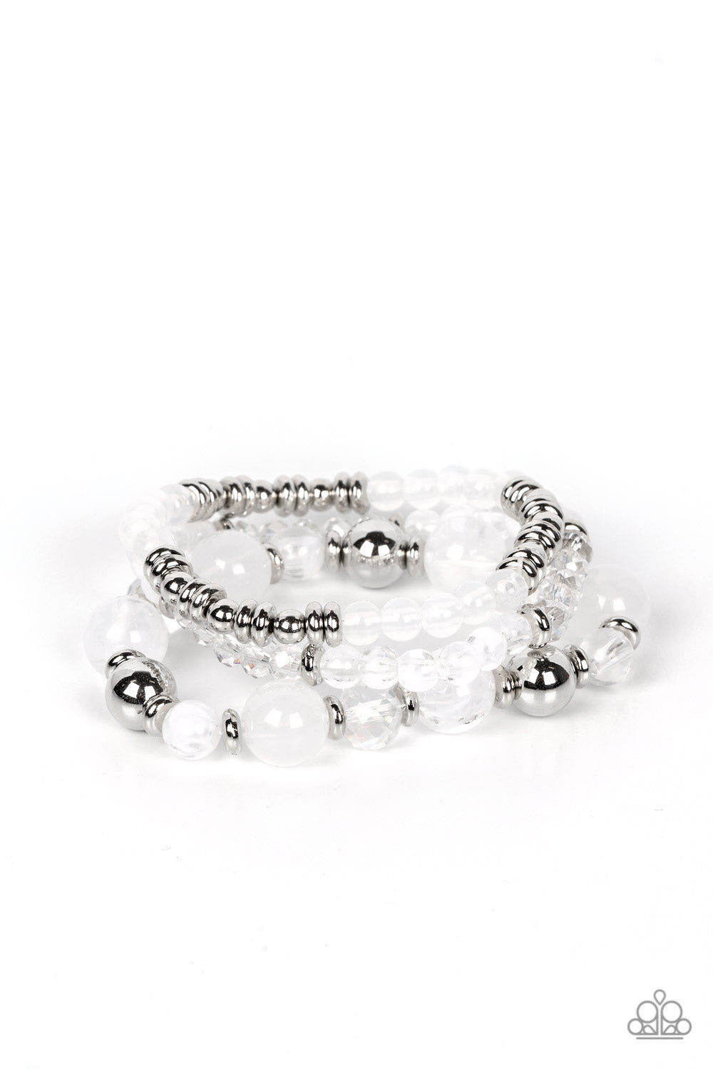 Shoreside Stroll - White and Silver Bracelets - Paparazzi Accessories - A mismatched assortment of glassy and opaque white beads joins white crystal-like and dainty silver accents along stretchy bands around the wrist, resulting in dreamy layers. Sold as one set of three bracelets.