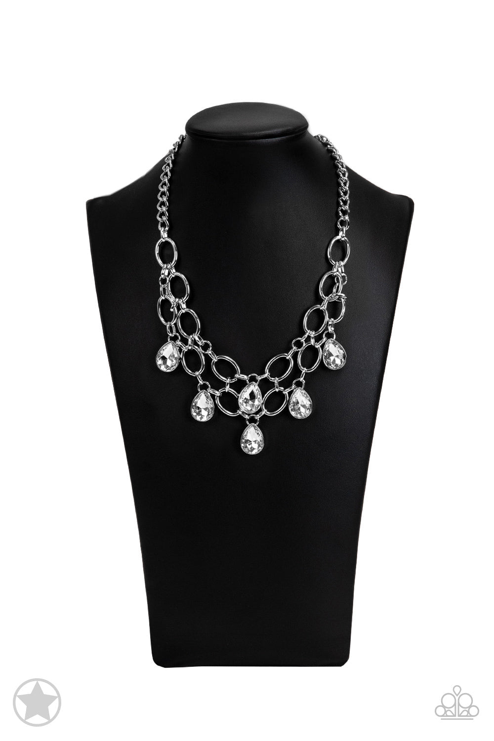 Show - Stopping Shimmer - Gem Silver Fashion Necklace - Paparazzi Jewelry - Bejeweled Accessories By Kristie - Two rows of silver chain layer below the collar for a fierce fashion. Glittery white teardrops gems hang from the glistening layers for a timeless shimmer to the show-stopping statement style. Necklace has an adjustable closure.
