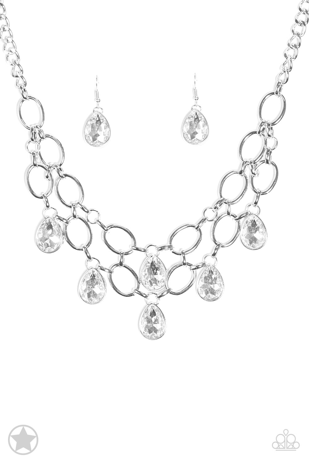 Show - Stopping Shimmer - Gem Silver Fashion Necklace - Paparazzi Accessories - Fashion necklace with two rows of silver chain layer below the collar for a fierce fashion. Glittery white teardrops gems hang from the glistening layers for a timeless shimmer to the show-stopping statement style. Necklace has an adjustable clasp closure. Bejeweled Accessories By Kristie