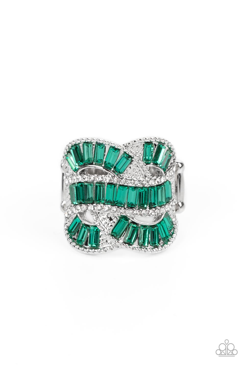 Six-Figure Flex - Green and Silver Ring - Paparazzi Accessories - Rich green rhinestones, chiseled into dramatic emerald-cuts, fall in line along twisting bands of silver. Tiny white rhinestones border the top and bottom edges of the swirling silver bands, emphasizing the shimmer as they interlock across the top of the finger.