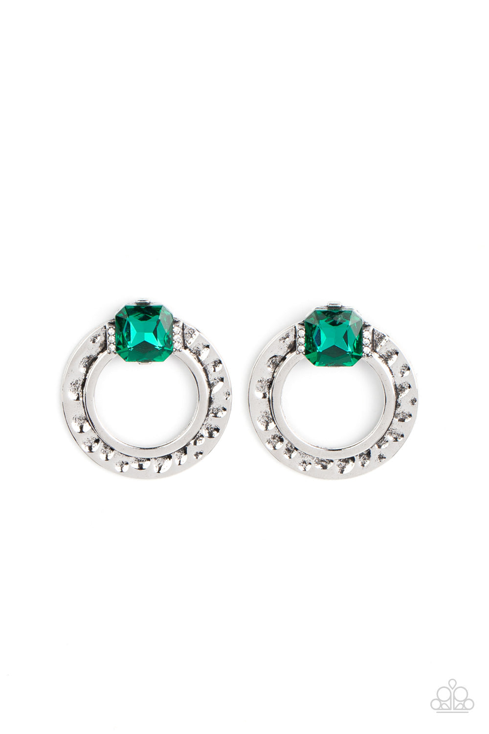Smoldering Scintillation - Green and Silver Earrings - Paparazzi Accessories - Featuring a radiant cut, a green rhinestone sparkles between two dainty rows of glassy white rhinestones atop a hammered silver ring for a gritty yet glamorous finish. Earring attaches to a standard post fitting. Bejeweled Accessories By Kristie - Trendy fashion jewelry for everyone -