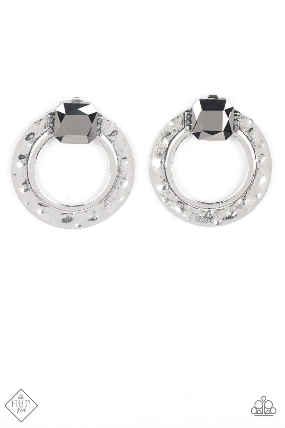 Smoldering Scintillation - Silver Square Hematite Earrings - Paparazzi Accessories - A generous square-cut hematite gem, flanked by dainty hematite rhinestones, is perched at the top of a hammered circle of antiqued silver. The faceted gem gives off a scintillating shimmer above the airy circle, making an eye-catching lure. Earring attaches to a standard post fitting. Bejeweled Accessories By Kristie - Trendy fashion jewelry for everyone -