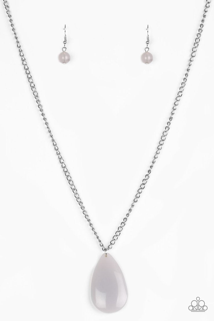 So Pop-YOU-lar - Gray and Silver Necklace - Paparazzi Accessories - A neutral gray teardrop pendant swings from the bottom of a lengthened silver chain, adding a perfect pop of color to any outfit. Features an adjustable clasp closure. Sold as one individual necklace.