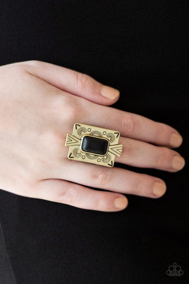 So Smithsonian - Brass - Black Stone Ring - Paparazzi Accessories Ladies Rings Bejeweled Accessories By Kristie Featuring Paparazzi Jewelry  - Trendy fashion jewelry for everyone -