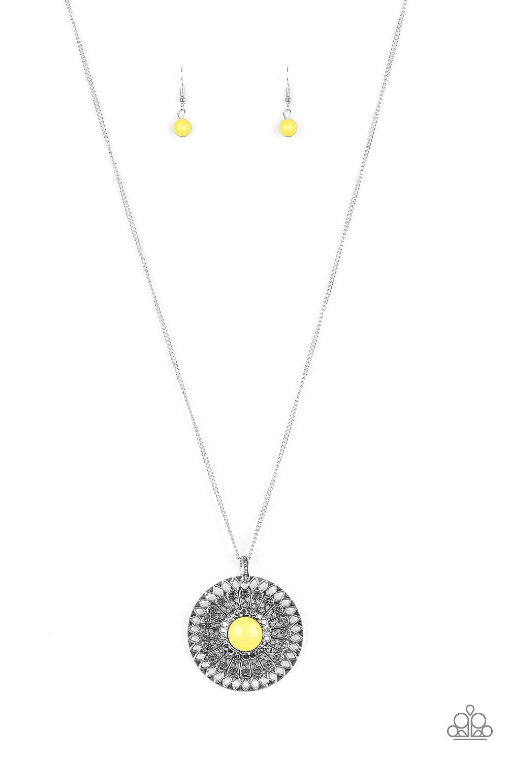 So Solar - Yellow and Silver Necklace - Paparazzi Accessories - A vibrant yellow bead is pressed into the center of a silver medallion radiating with ornate sunburst textures for a whimsical look.