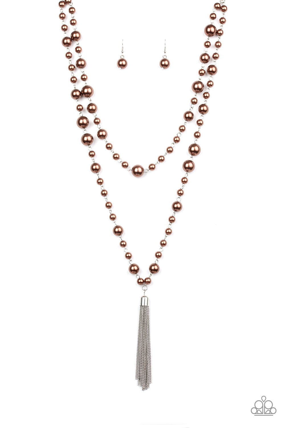 Social Hour - Brown Pearl Necklace - Paparazzi Accessories - Bubbly brown pearls link into two strands down the chest. A shimmery silver tassel swings from the lowermost strand, adding a timeless twist to the classic pearl fashion design. Features an adjustable clasp closure.