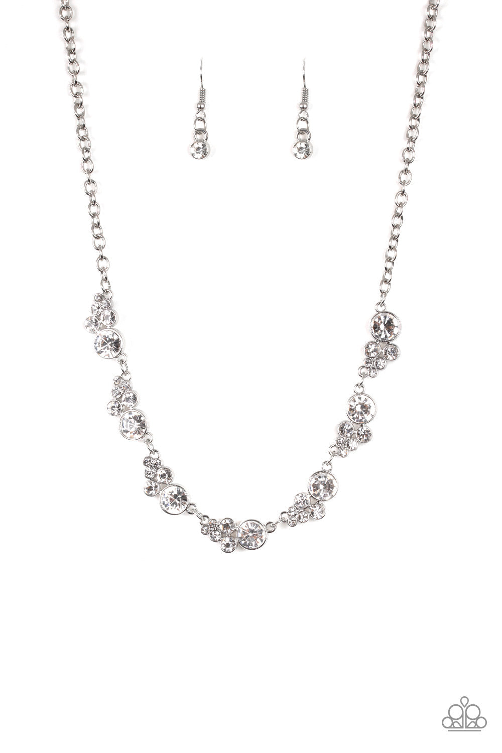 Social Luster - White and Silver Necklace - Paparazzi Jewelry  - Bejeweled Accessories By Kristie - A collection of glassy white rhinestones coalesce into glittery silver frames as they link below the collar for a timeless shimmer fashion necklace.