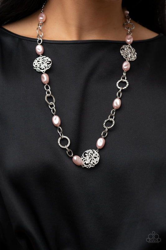 Social Soiree - Pink Pearl - Silver Necklace - Paparazzi Accessories - Pebble-like pink pearls, textured silver links, and vine-like silver frames delicately connect into a whimsical compilation across the chest. Features an adjustable clasp closure. Sold as one individual necklace. Includes one pair of matching earrings.