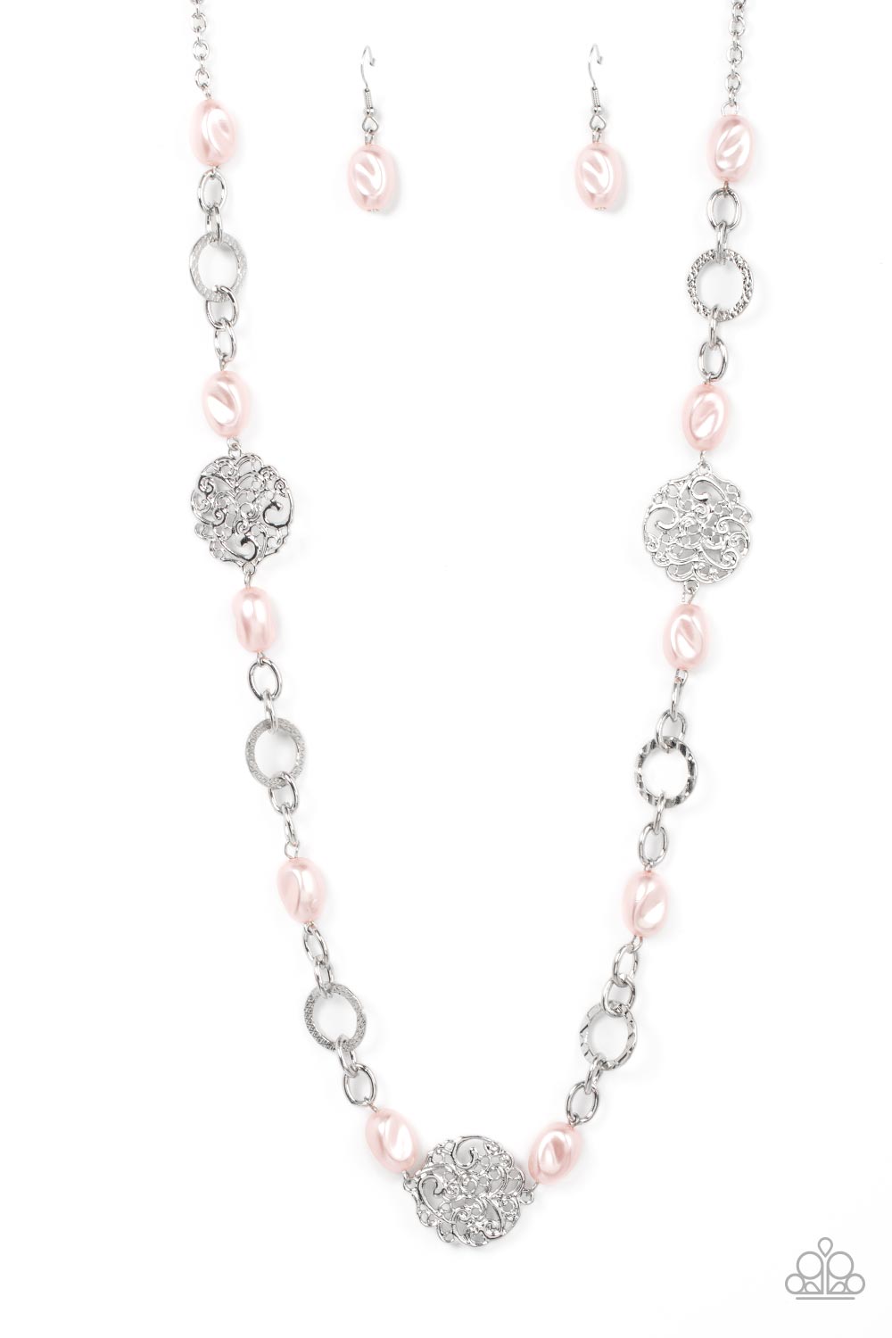Social Soiree - Pink Pearl - Silver Necklace - Paparazzi  Accessories - Pebble-like pink pearls, textured silver links, and vine-like silver frames delicately connect into a whimsical compilation across the chest. Features an adjustable clasp closure. Sold as one individual necklace. Includes one pair of matching earrings.