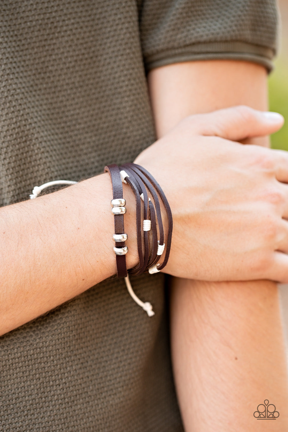 Solo Quest - Brown Urban - Leather Bracelet - Paparazzi Accessories - Featuring white threaded and silver beaded accents, mismatched strands of brown leather bands layer across the wrist for an earthy flair. Features an adjustable sliding knot closure.
