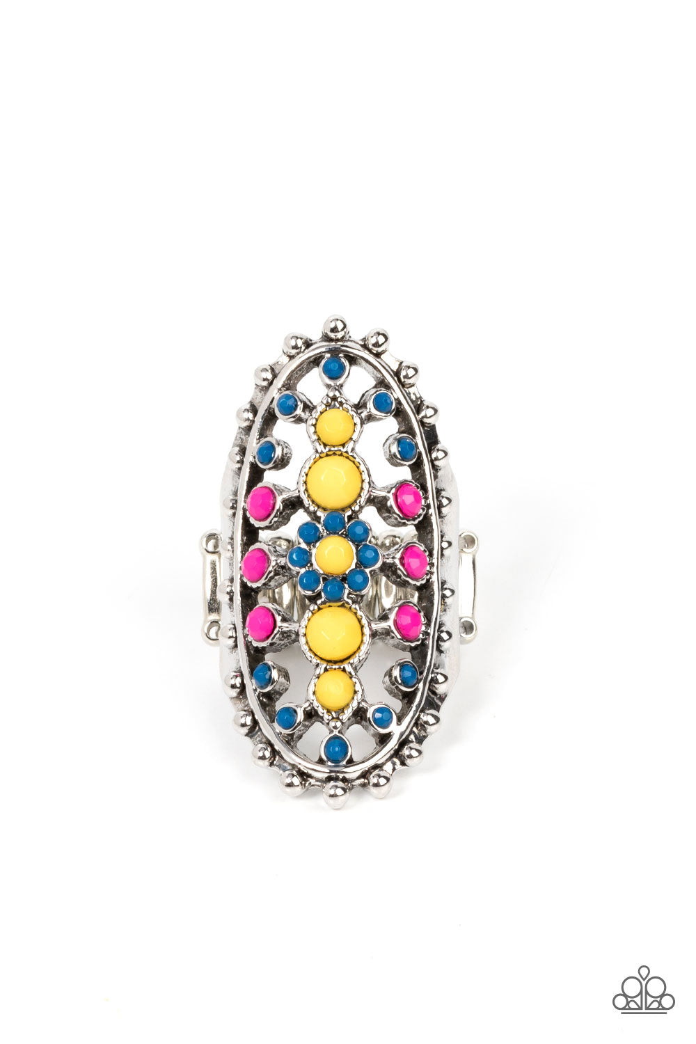 Sonoran Solstice - Blue Multi Color Ring - Paparazzi Accessories - Dainty Illuminating, Mykonos Blue, and Fuchsia Fedora beads dot the airy front of a studded silver oval frame, creating a colorful floral pattern across the finger. Features a stretchy band for a flexible fit. Sold as one individual ring.