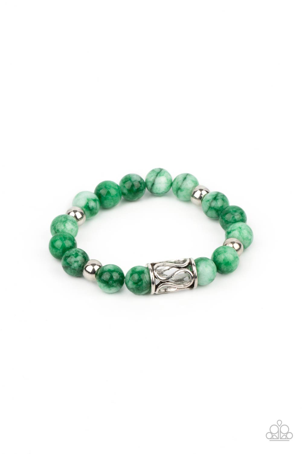 Soothes The Soul - Green Jade and Silver Stretchy Bracelet - Paparazzi Accessories - Infused with an ornate silver centerpiece, an earthy collection of silver and jade beads are threaded along a stretchy band around the wrist for a seasonal flair. Sold as one individual bracelet.
