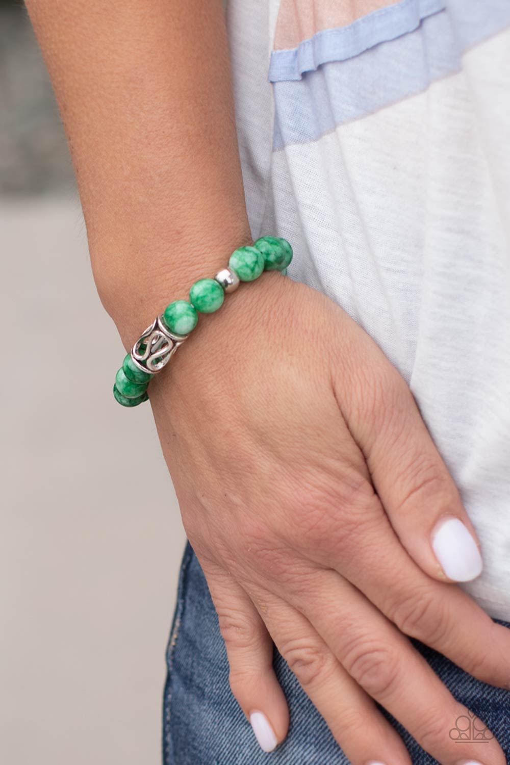Soothes The Soul - Green Jade - Silver Bracelet - Paparazzi Accessories - Infused with an ornate silver centerpiece, an earthy collection of silver and jade beads are threaded along a stretchy band around the wrist for a seasonal flair. Sold as one individual bracelet.