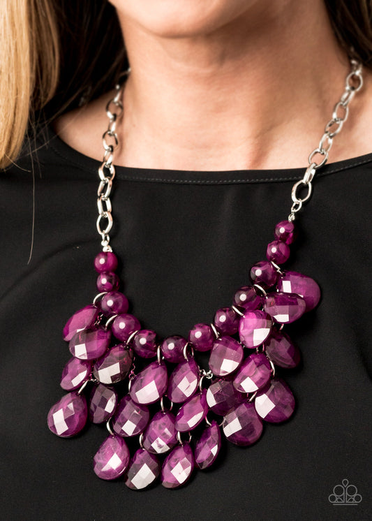 Sorry To Burst Your Bubble - Purple Necklace - Paparazzi Accessories - Attached to a bold silver chain, round opaque plum beads are threaded along an invisible wire below the collar. Attached to a net of silver chains, faceted opaque teardrops cascade from the bottom of the matching plum beads, creating a glamorous fringe.