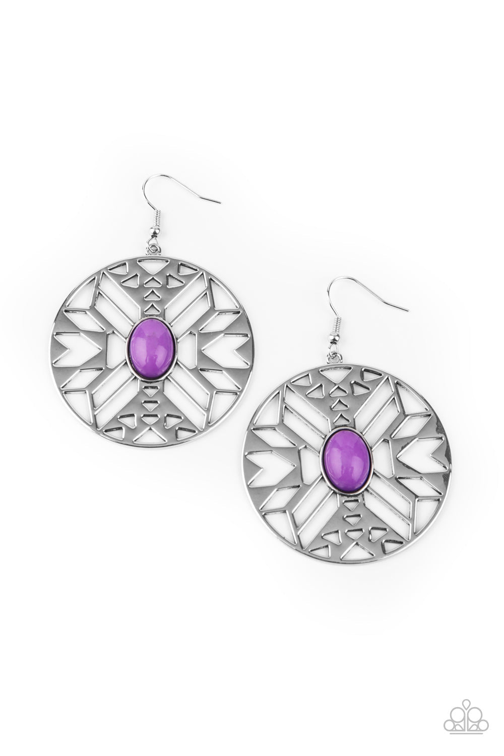 Southwest Walkabout - Purple and Silver Earrings - Paparazzi Accessories - An oval purple bead adorns the center of a round silver frame radiating with an airy southwestern inspired pattern for a whimsical look. Earring attaches to a standard fishhook fitting. Sold as one pair of earrings.