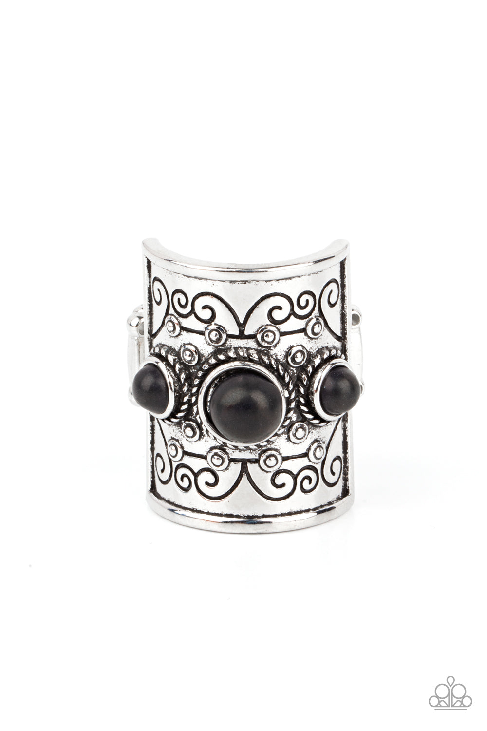 Southwestern Scenery - Black and Silver Fashion Ring - Paparazzi Accessories - Dotted with an earthy row of black stones, a rectangular silver frame stamped in tribal inspired patterns folds around the finger for a simply seasonal look. Features a stretchy band for a flexible fit. Sold as one individual ring.