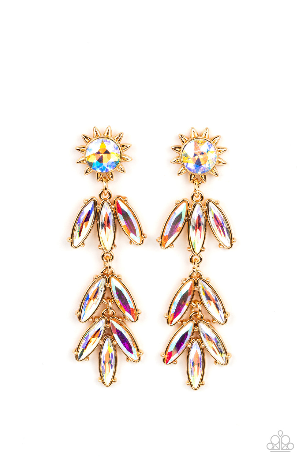 Space Age Sparkle - Gold Iridescent Earrings - Paparazzi Accessories - A gold sunburst frame wraps around an iridescent gem as it gives way to an explosion of marquise-cut rhinestones in the same dreamy finish. The oblong frames swing dramatically from the ear, capturing and reflecting light at every turn.