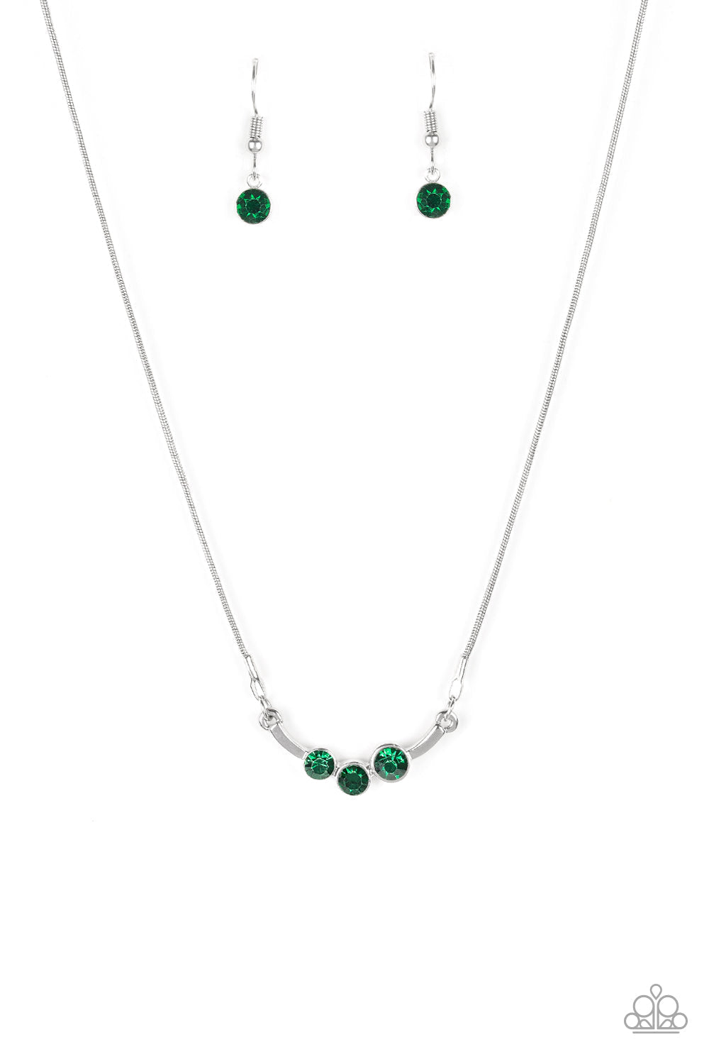 Sparkling Stargazer - Green and Silver Necklace - Paparazzi Accessories - A trio of glittery green rhinestones are encrusted along a bowing silver bar, creating a stellar pendant below the collar. Features an adjustable clasp closure.
