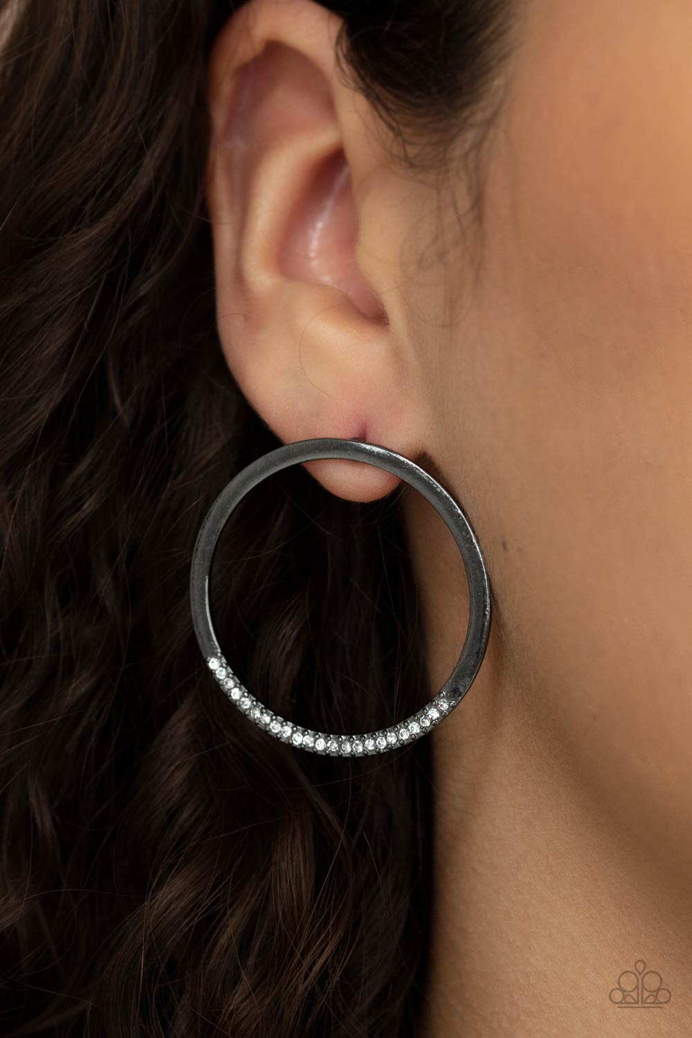 Spot On Opulence - Black - Gunmetal Shimmer Earrings - Paparazzi Accessories - As if dipped in glitter, the bottom of a flat gunmetal hoop is encrusted in dainty white rhinestones for a classic shimmer. Earring attaches to a standard post fitting.