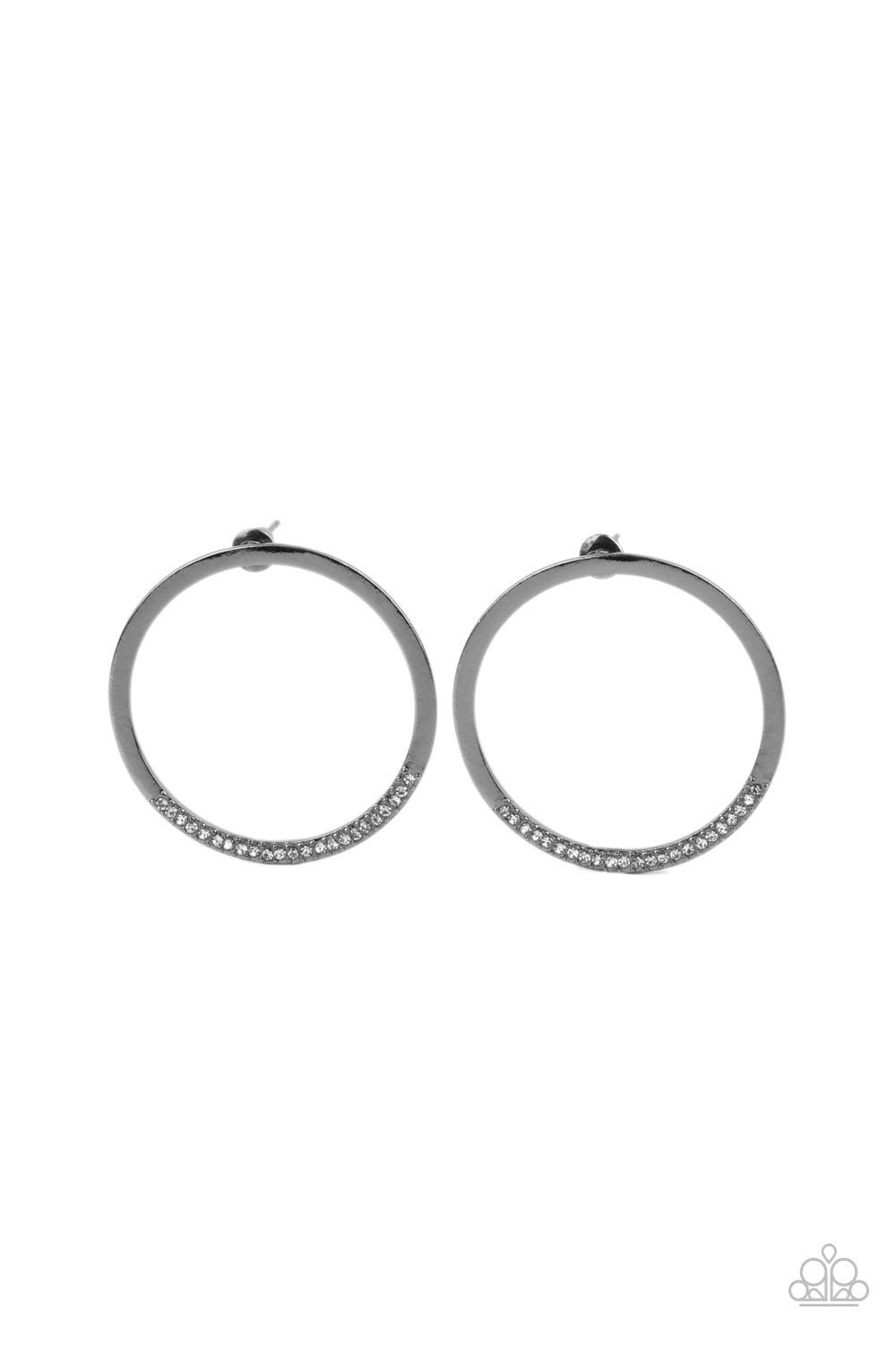 Spot On Opulence - Black - Gunmetal Shimmer Earrings - Paparazzi Accessories - As if dipped in glitter, the bottom of a flat gunmetal hoop is encrusted in dainty white rhinestones for a classic shimmer. Earring attaches to a standard post fitting.