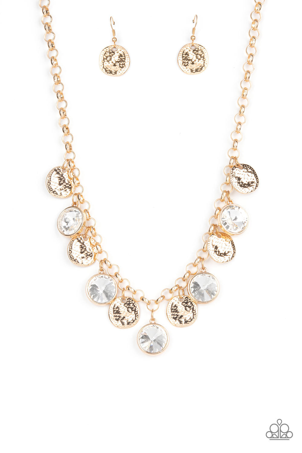 ​Spot On Sparkle - Gold Gem Necklace - Paparazzi Accessories - A blinding collection of hammered gold discs and oversized white gems swing from the bottom of a bold gold chain, creating noise-making sparkle below the collar. Features an adjustable clasp closure. Sold as one individual necklace.