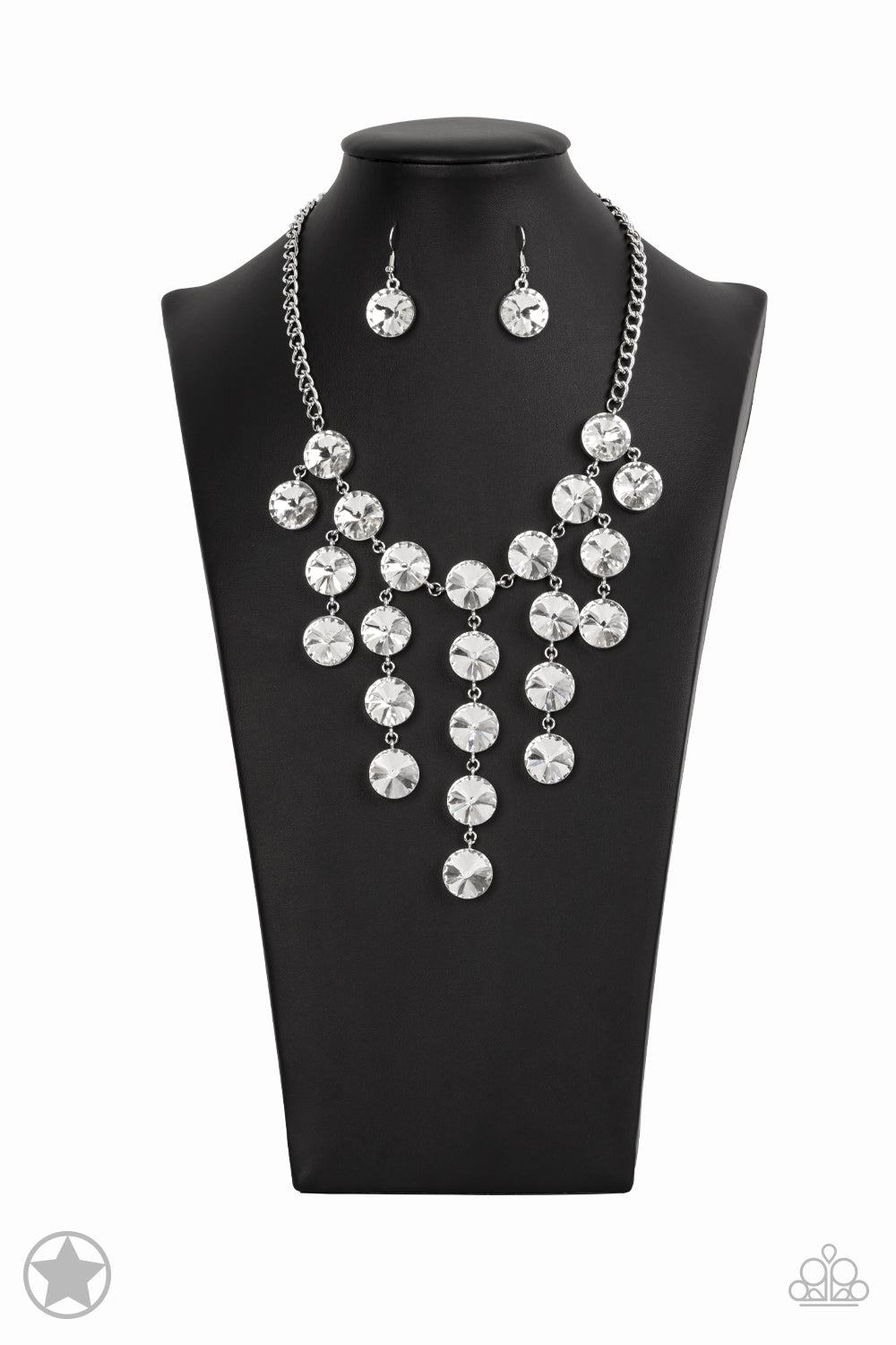 Spotlight Stunner - Silver Fringe Necklace - Paparazzi Accessories - Encased in sleek silver fittings, dramatically oversized white rhinestones delicately link into twinkly tassels that taper off into a jaw-dropping fringe below the collar. Features an adjustable clasp closure. Sold as one individual necklace.