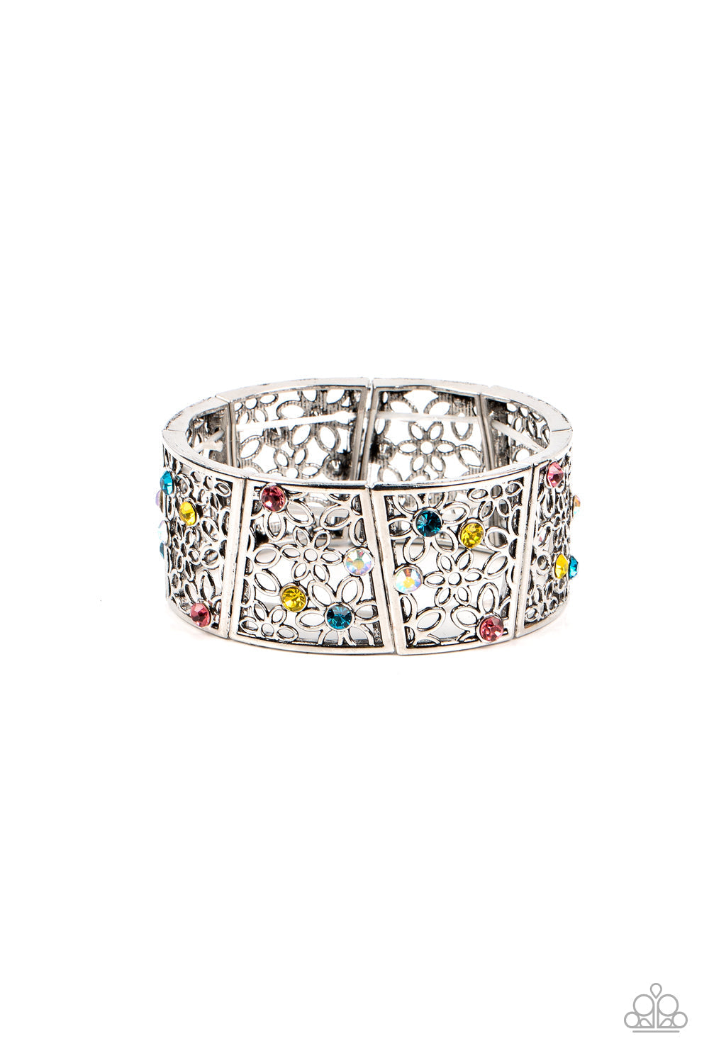 Spring Greetings - Multi Color and Silver Stretchy Bracelet - Paparazzi Accessories - Multicolored and iridescent rhinestones, an airy daisy pattern blooms inside silver frames that are threaded along stretchy bands around the wrist.