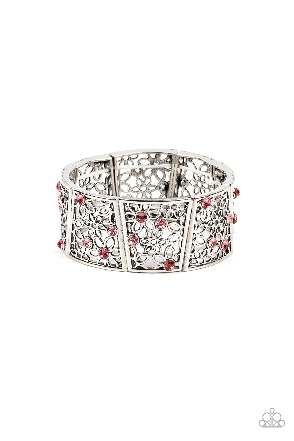 Spring Greetings - Pink Floral Daisy Bracelet - Paparazzi Accessories - Sporadically dotted with pink and Gossamer Pink, an airy daisy pattern blooms inside trapezoidal silver frames that are threaded along stretchy bands around the wrist for a seasonal statement. Sold as one individual bracelet. 