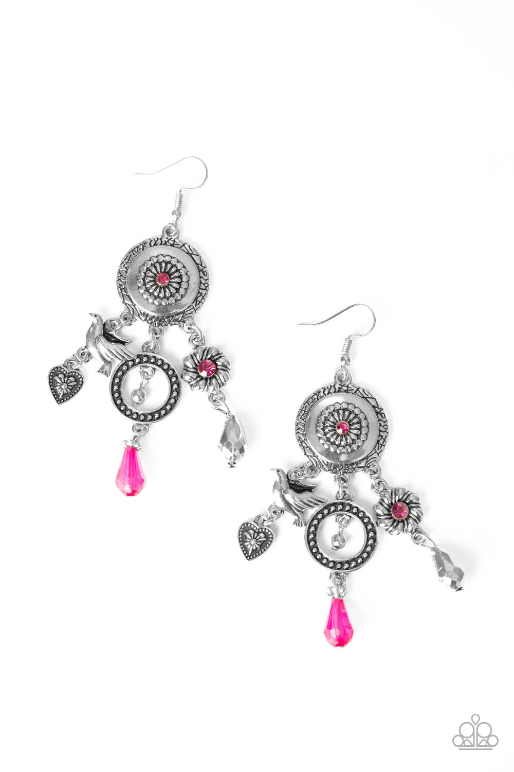 Springtime Essence - Pink and Silver Earrings - Paparazzi Accessories - Infused with glittery Pink Peacock rhinestone and crystal-like accents, a whimsical display of silver heart, flower, and bird charms dance from the bottom of a decorative floral silver frame, creating a noisy fringe. Earring attaches to a standard fishhook fitting.