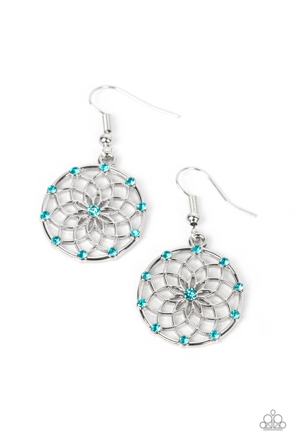 Springtime Salutations - Blue and Silver Earrings - Paparazzi Accessories - Dotted with dainty blue rhinestones, an airy mandala-like blossom blooms inside a silver hoop for a seasonal shimmer. Earring attaches to a standard fishhook fitting.