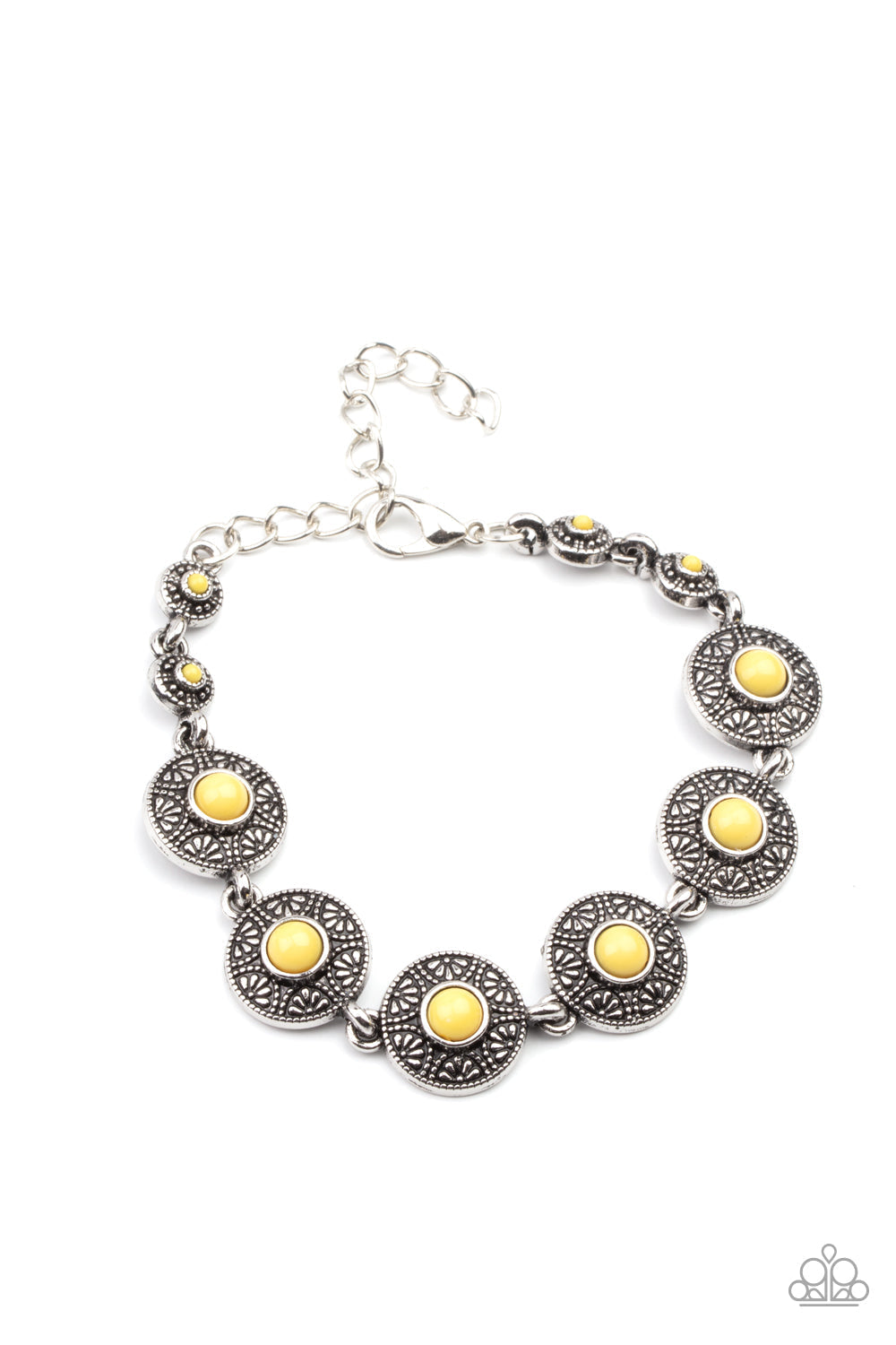 Springtime Special - Yellow and Silver Bracelet - Paparazzi Accessories - Dotted with sunny Illuminating beaded centers, dainty floral embossed silver frames delicately link around the wrist for a colorful springtime look. Features an adjustable clasp closure. Sold as one individual bracelet.