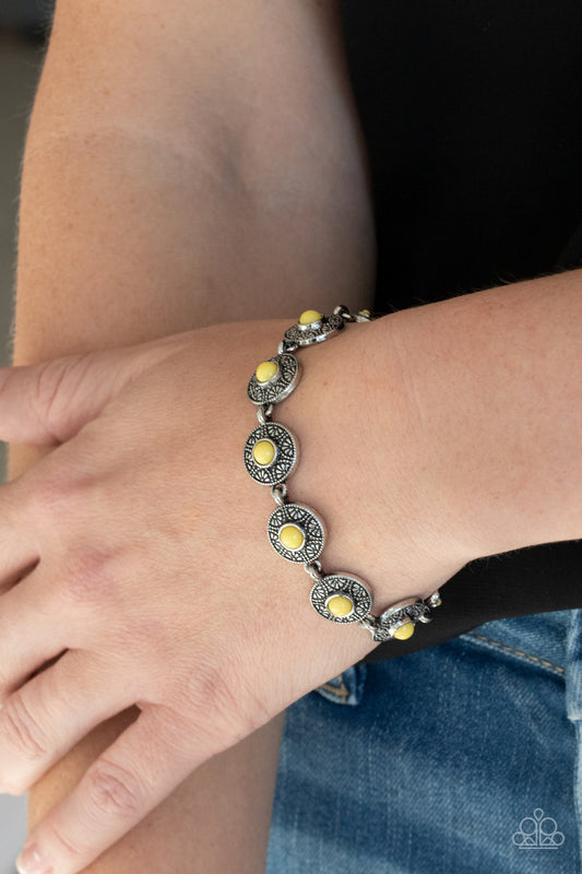 Springtime Special - Yellow and Silver Fashion Bracelet - Paparazzi Accessories - Dotted with sunny Illuminating beaded centers, dainty floral embossed silver frames delicately link around the wrist for a colorful springtime look. Features an adjustable clasp closure. Sold as one individual bracelet.