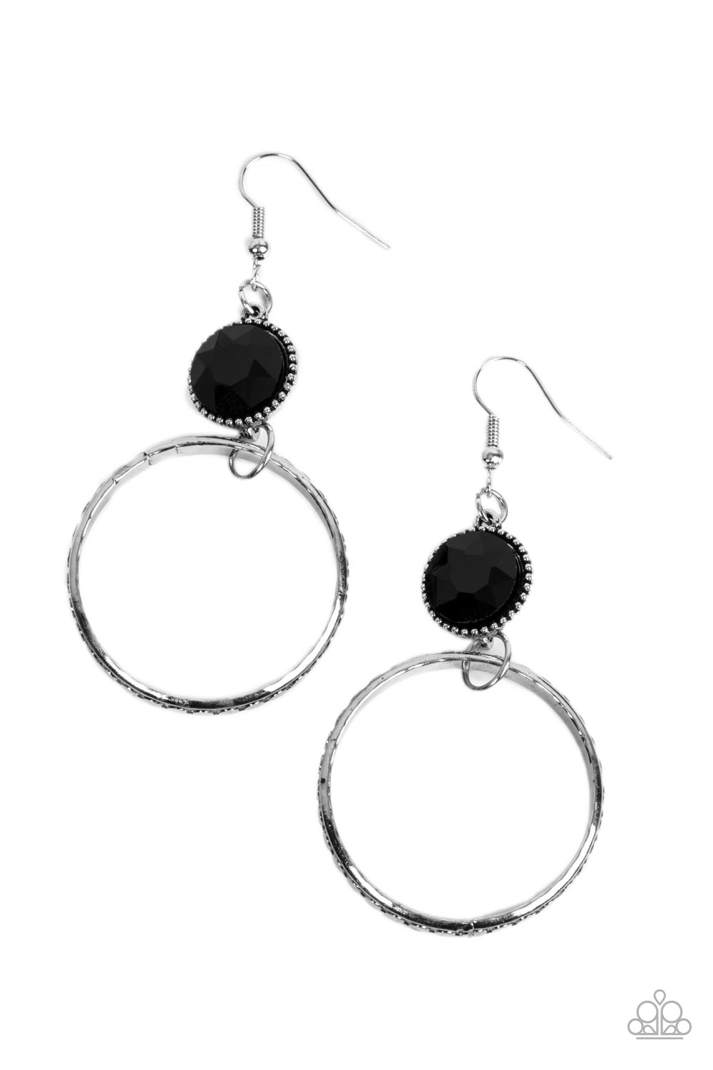Standalone Sparkle - Black and Silver Earrings - Paparazzi Accessories - The outer edge of a silver ring is stamped with a flattened dot motif as it swings below a dramatic black rhinestone that sparkles inside a daintily dotted antiqued silver frame, creating an upscale, edgy modern lure. Earring attaches to a standard fishhook fitting. Sold as one pair of earrings.