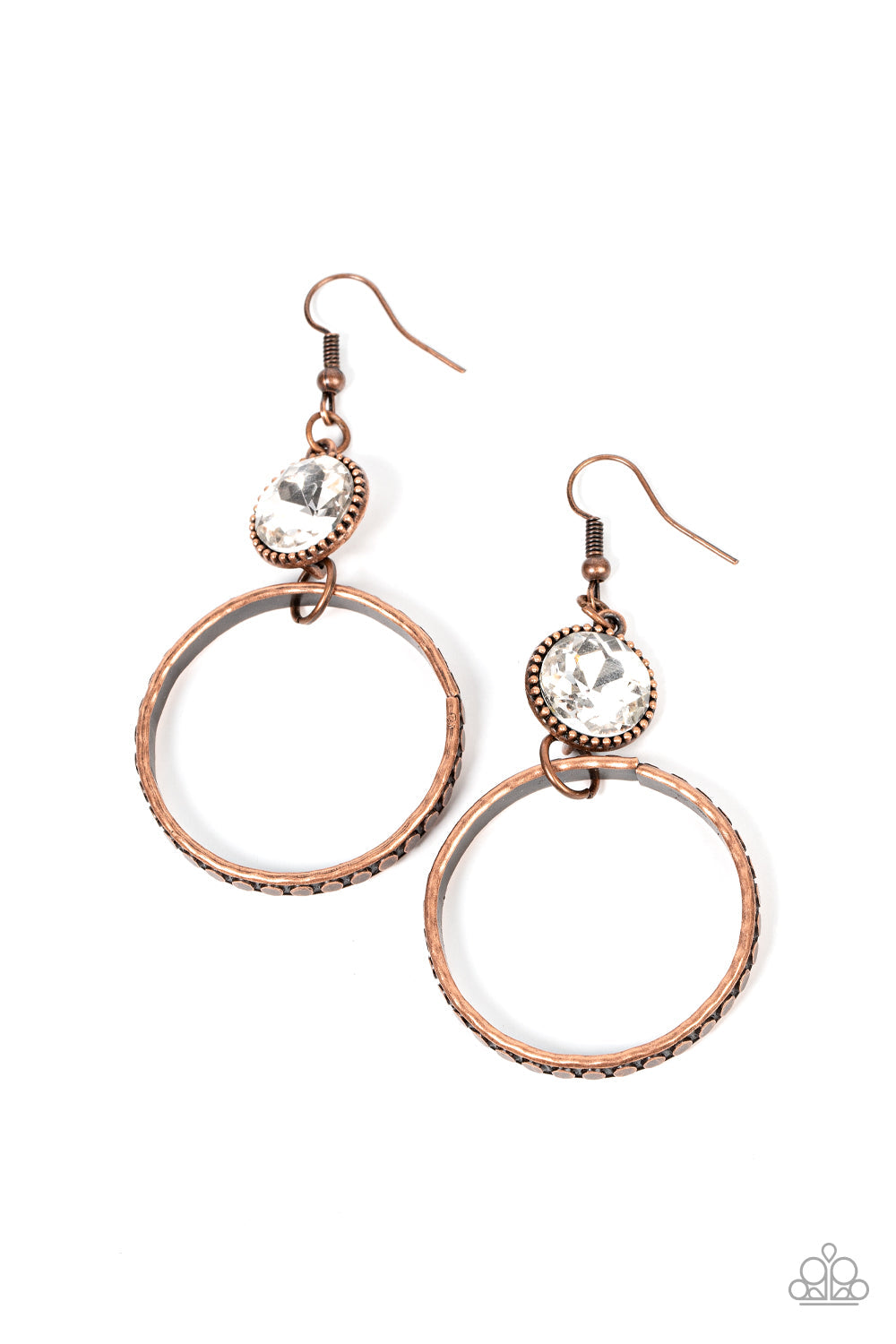 Standalone Sparkle - Copper Fashion Earrings - Paparazzi Accessories - Antiqued copper ring is stamped with a flattened dot motif swings below a dramatic white rhinestone, creating upscale, rustic modern fashion earrings. Great for special occasions or everyday casual wear.