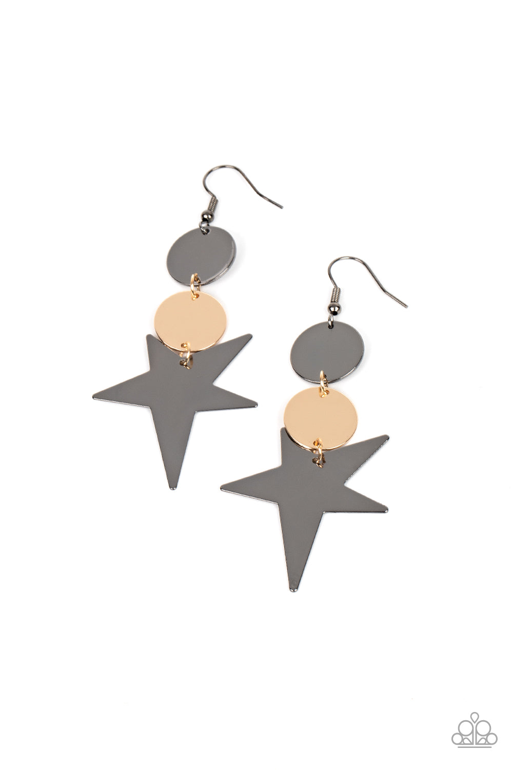 Star Bizarre - Multi - Black Gunmetal and Gold - Star Earrings - Paparazzi Accessories - An asymmetrical gunmetal star radiates from two linked flat gold and gunmetal discs, resulting in a stellar lure. Earring attaches to a standard fishhook fitting. Trendy fashion jewelry for everyone.