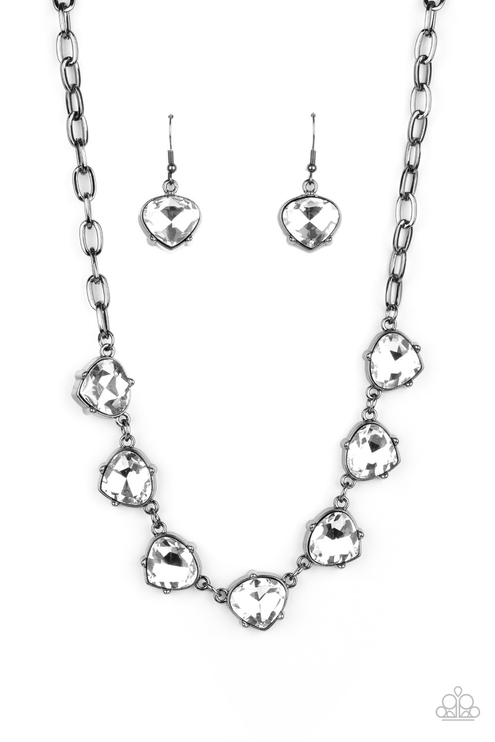 Star Quality Sparkle - Black (Gunmetal) Fashion Necklace - Paparazzi Accessories - Attached to an oversized gunmetal chain, faceted white teardrop frames delicately connect below the collar for a glamorous look. Features an adjustable clasp closure. 
