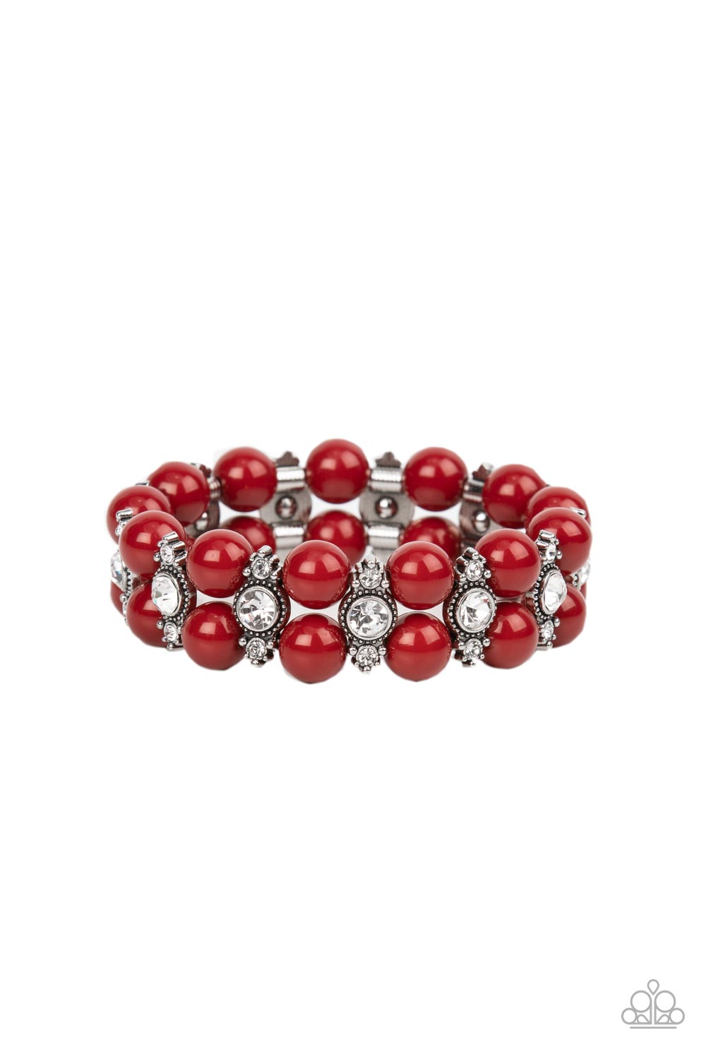 Starlight Reflection - Red Stretchy Fashion Bracelet - Paparazzi Accessories - Pairs of Fire Whirl beads join white rhinestone encrusted silver frames along stretchy bands around the wrist, resulting in a refined pop of color. Sold as one individual bracelet. 